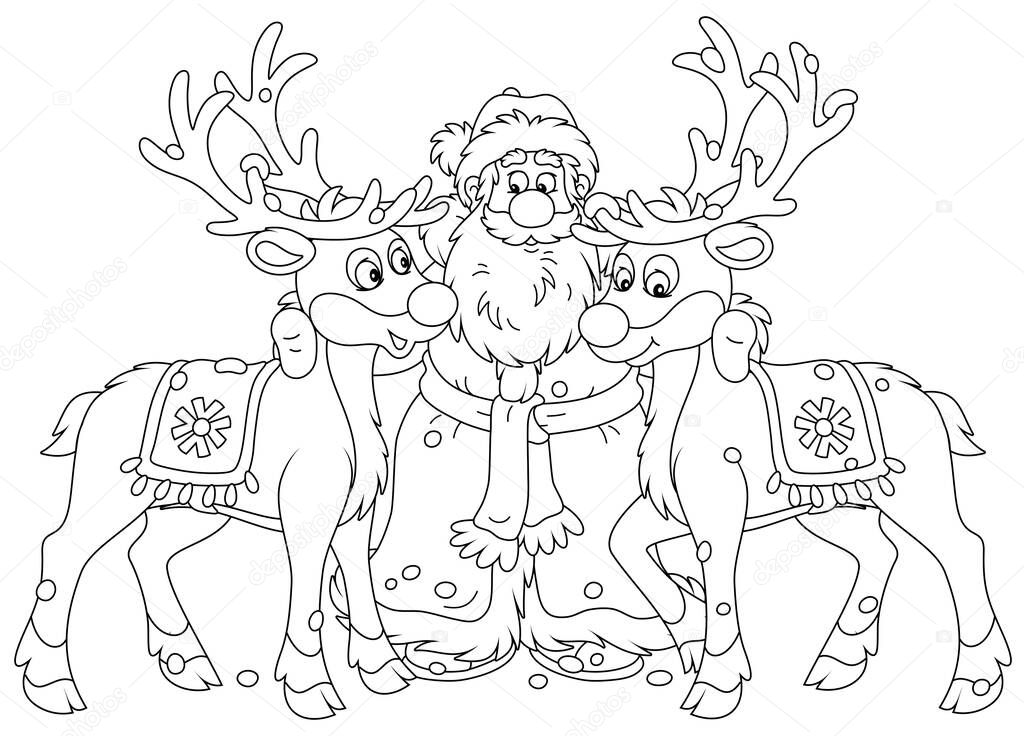 Santa Claus embracing his magic reindeer, black and white outline vector cartoon illustration for a coloring book page
