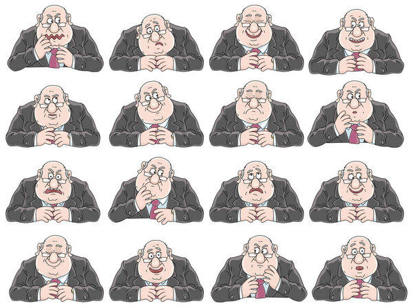 Funny fat clerk with different facial expressions and poses at his desk during a hard work day in an office, vector cartoon illustrations isolated on a white background