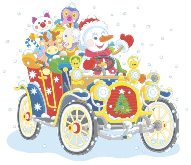 Karlı bir kış gününde çocuklara Noel hediyesi veren renkli bir araba süren komik kardan adam, beyaz bir arka planda izole edilmiş vektör karikatür çizimi.