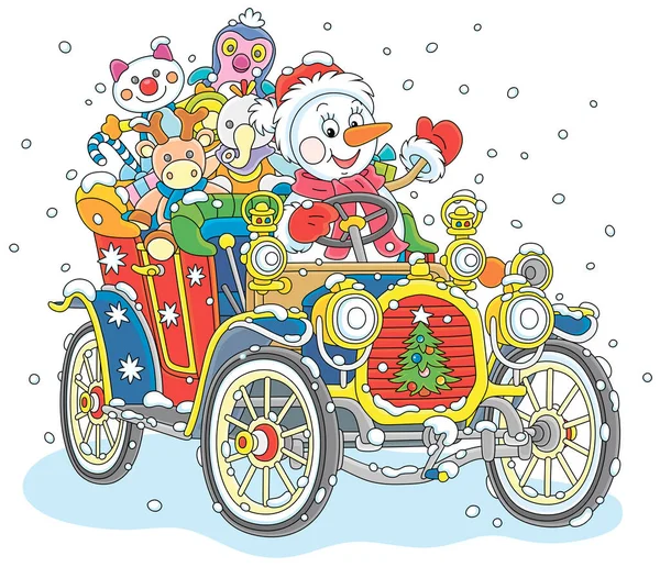 Lächelnd Lustige Schneemann Fahren Ein Buntes Altes Auto Mit Weihnachtsgeschenken — Stockvektor