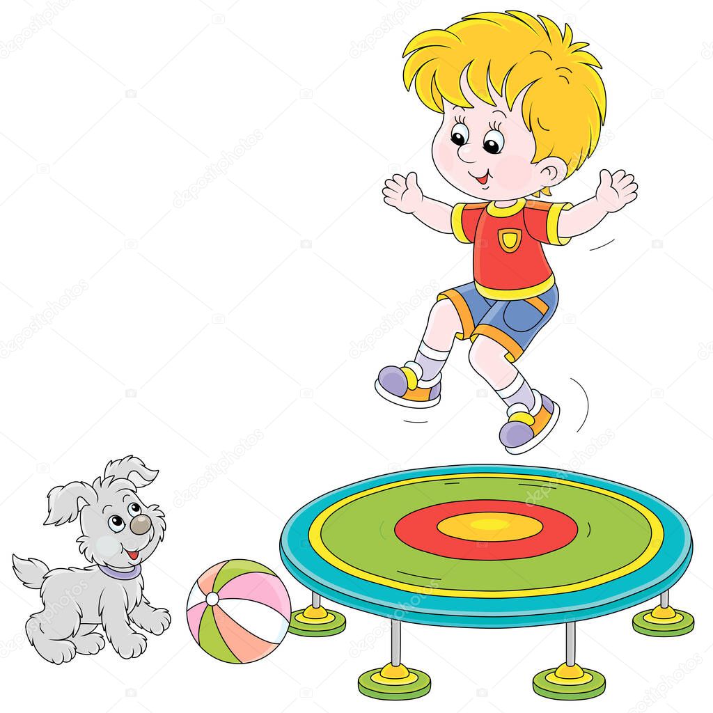 Happy little boy jumping on a toy trampoline on a playground, a small cute pup looking at him, vector cartoon illustration isolated on a white background