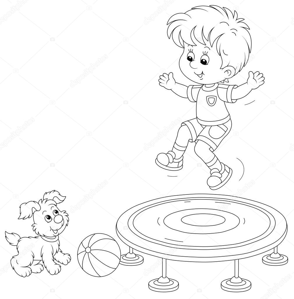 Cheerful little boy jumping on a toy trampoline on a playground, a small cute pup looking at him, black and white outline vector cartoon illustration for a coloring book page
