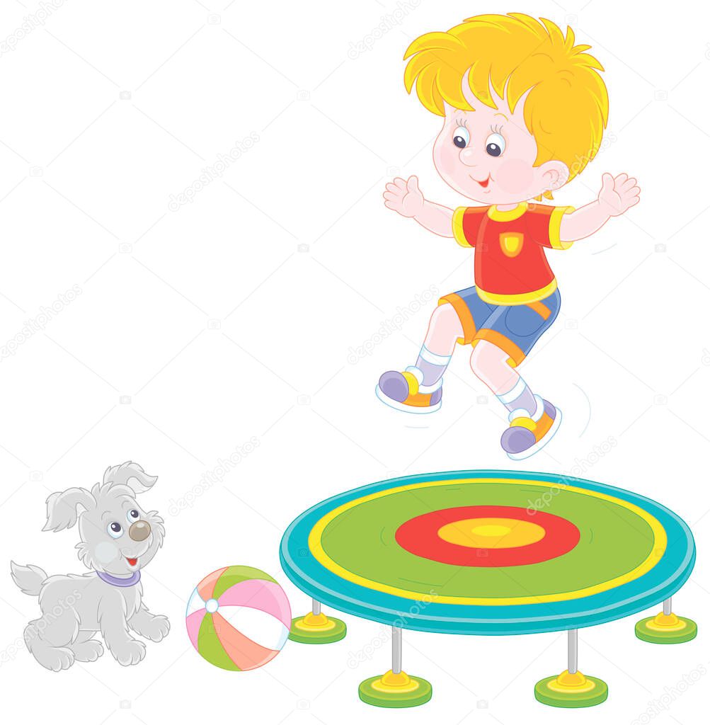 Cheerful little boy jumping on a toy trampoline on a playground, a small cute pup looking at him, vector cartoon illustration isolated on a white background