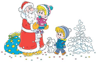 Noel Baba, küçük çocuklar için Noel hediyeleriyle dolu sihirli çantasıyla karlı kış parkında oynayan, gülümseyen ve kucağında mutlu küçük bir kız taşıyan, vektör karikatür çizimi