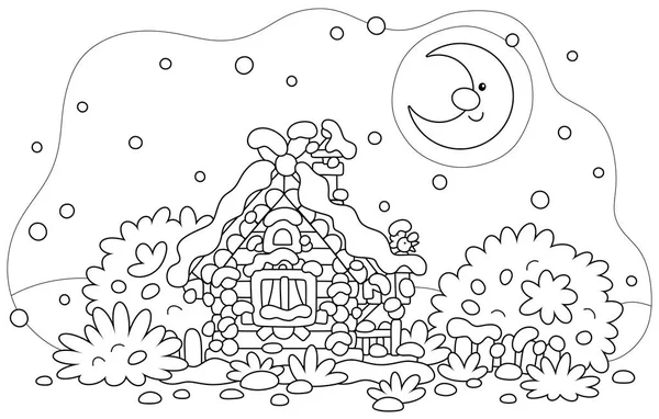 素朴な装飾が施されたおとぎ話からの笑顔の月と雪に覆われた小さな木造の家 クリスマス イブの雪と霜の多い冬の夜のポーチと古いフェンス ベクトル漫画のイラスト — ストックベクタ