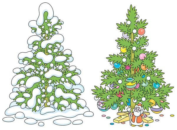 Abeto Verde Nieve Bosque Invierno Árbol Navidad Decorado Con Bolas — Vector de stock