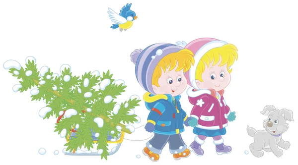 快乐的小女孩和男孩在一个小雪橇上抱着一棵雪地冷杉 装饰着它 直到圣诞节 — 图库矢量图片