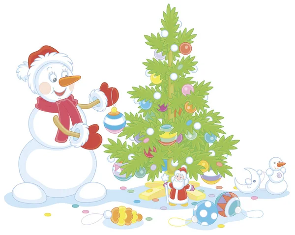 赤い帽子 暖かいスカーフを持つフレンドリーな笑顔の雪だるまとカラフルなボール ガーランド おもちゃ ベクトル漫画のイラストとプリッキーな緑のクリスマスツリーを飾るミトン — ストックベクタ