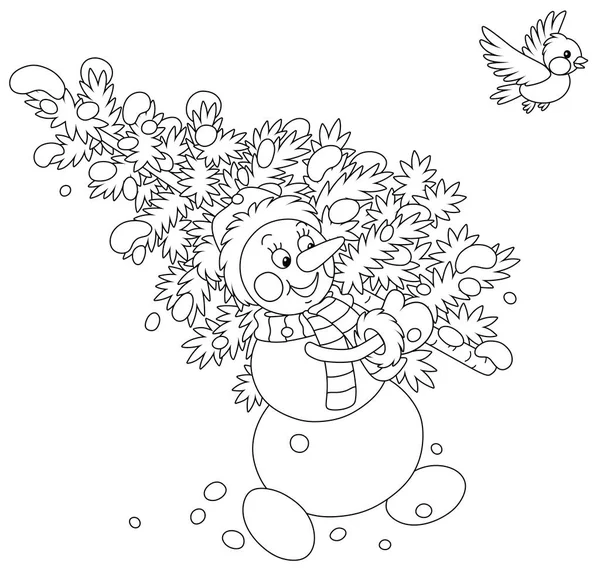 Дружелюбный Улыбающийся Снеговик Теплой Шляпе Шарфе Рукавицах Несущих Колючую Ель — стоковый вектор