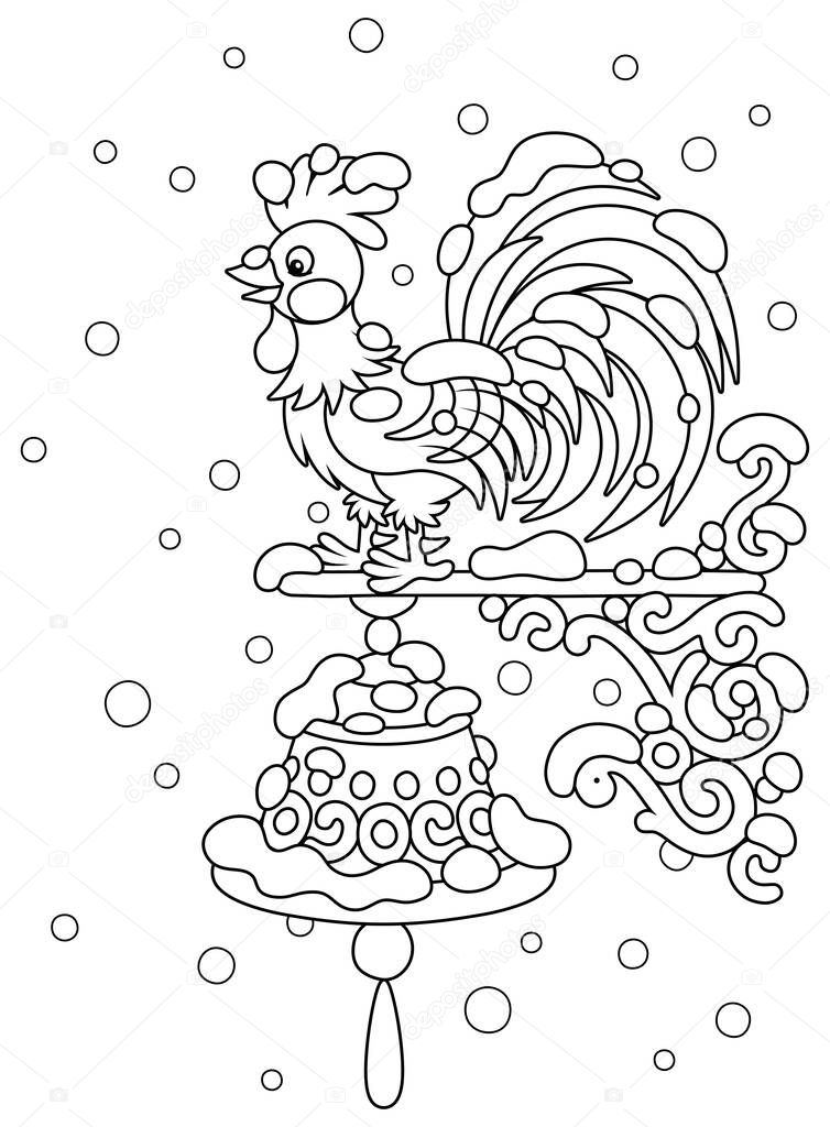 Weathercock, a weathervane in the form of a toy cockerel with a ringing hand bell on a wall of a house, under snow on a cold and snowy winter day, black and white vector cartoon illustration