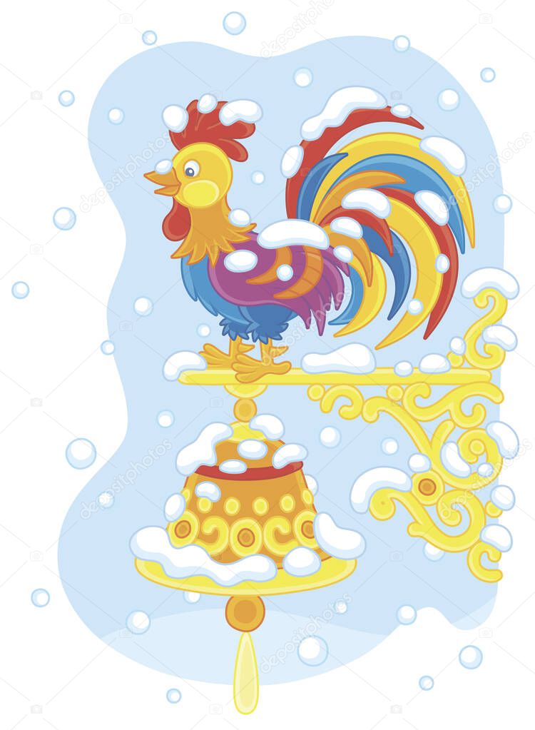 Weathercock, a weathervane in the form of a toy colorful cockerel with a ringing hand bell on a wall of a house, under snow on a cold and snowy winter day, vector cartoon illustration