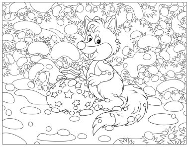 Smiling little fox with a bag of holiday gifts under snow-covered fir branches in a snowy winter forest, black and white outline vector cartoon illustration for a coloring book page vector
