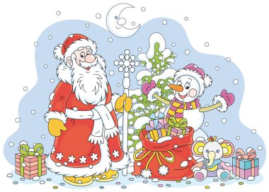 Noel Baba ve karlı bir Noel ağacı olan komik bir kardan adam ve çocuklara hediye dolu sihirli bir çanta beyaz arka planda izole edilmiş vektör karikatür çizimi.