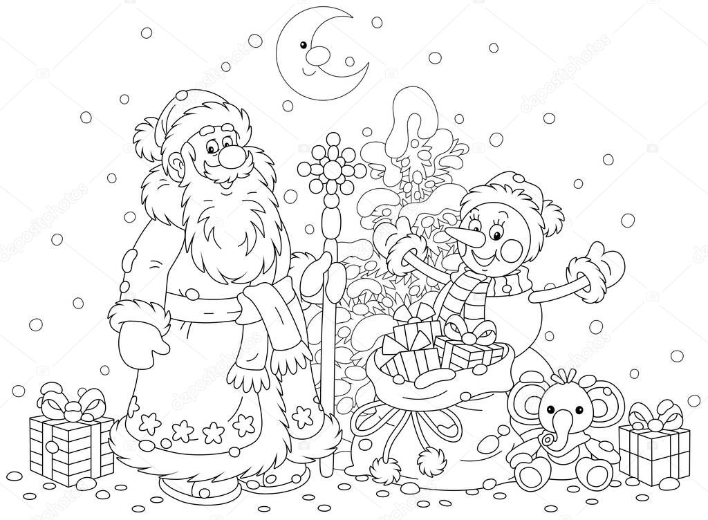 Santa Claus and a funny snowman with a snowy Christmas fir tree and a magic bag of holiday gifts for children, black and white outline vector cartoon illustration for a coloring book page