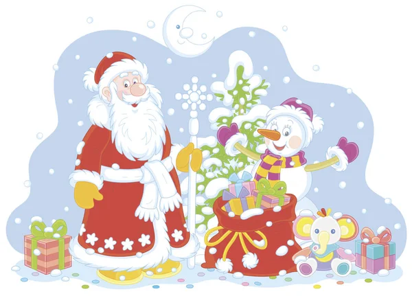 Santa Claus Muñeco Nieve Divertido Con Abeto Navidad Nevado Una — Vector de stock