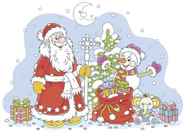 Noel Baba ve karlı bir Noel ağacı olan komik bir kardan adam ve çocuklara hediye dolu sihirli bir çanta beyaz arka planda izole edilmiş vektör karikatür çizimi.