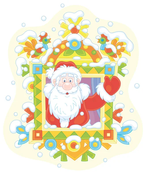 Santa Claus Amable Sonriendo Agitando Mano Saludo Una Ventana Coloridamente — Archivo Imágenes Vectoriales