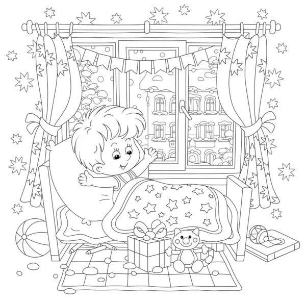 Happy Surprised Little Boy Waking His Small Bed Holiday Gifts — Stock Vector