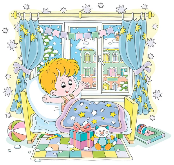 Niño Feliz Sorprendido Despertando Pequeña Cama Con Regalos Vacaciones Coloridos — Vector de stock