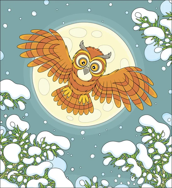 Brown Striped Owl Big Eyes Flying Moonlit Winter Sky Snowy — Stock Vector