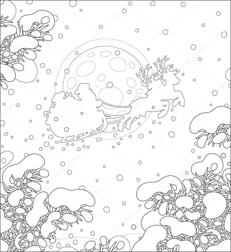 Magic reindeers flying Santa Claus with a big bag of gifts in his sleigh over a snow-covered fir forest on the moonlit, frosty and snowy night before Christmas, black and white vector cartoon