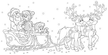 Noel Baba sihirli kızağıyla uçan ren geyikleriyle mutlu küçük çocuklara binecek, boyama kitabı sayfası için siyah beyaz çizgili vektör çizimi