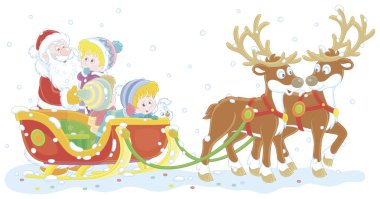 Noel Baba sihirli kızağıyla uçan ren geyikleriyle mutlu küçük çocuklara binecek. Beyaz arka planda izole edilmiş vektör karikatür çizimi.