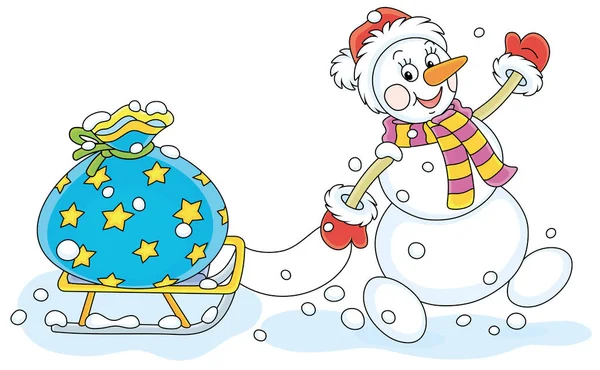 头戴红帽子 头戴温暖围巾 头戴手套 面带微笑的雪人 带着一大袋过冬礼物 挂在玩具雪橇上 — 图库矢量图片