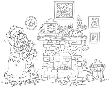 Noel Baba şöminesinde şömine rafı, bir saat, kitaplar ve kış resimleriyle ateş yakmak için odun getirdi.