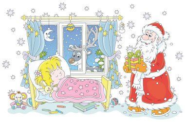 Noel Baba, Noel arifesinde küçük bir yatakta uyuyan sevimli küçük bir kıza güzel bir hediye kutusu getiriyor. Süslü bir çocuk odasının penceresinden bakan sihirli bir ren geyiği.