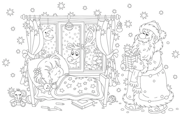 サンタクロースは クリスマス前の雪の夜に小さなベッドで寝ている可愛い女の子 装飾された保育室の窓から見ている魔法のトナカイに美しいギフトボックスをもたらします — ストックベクタ