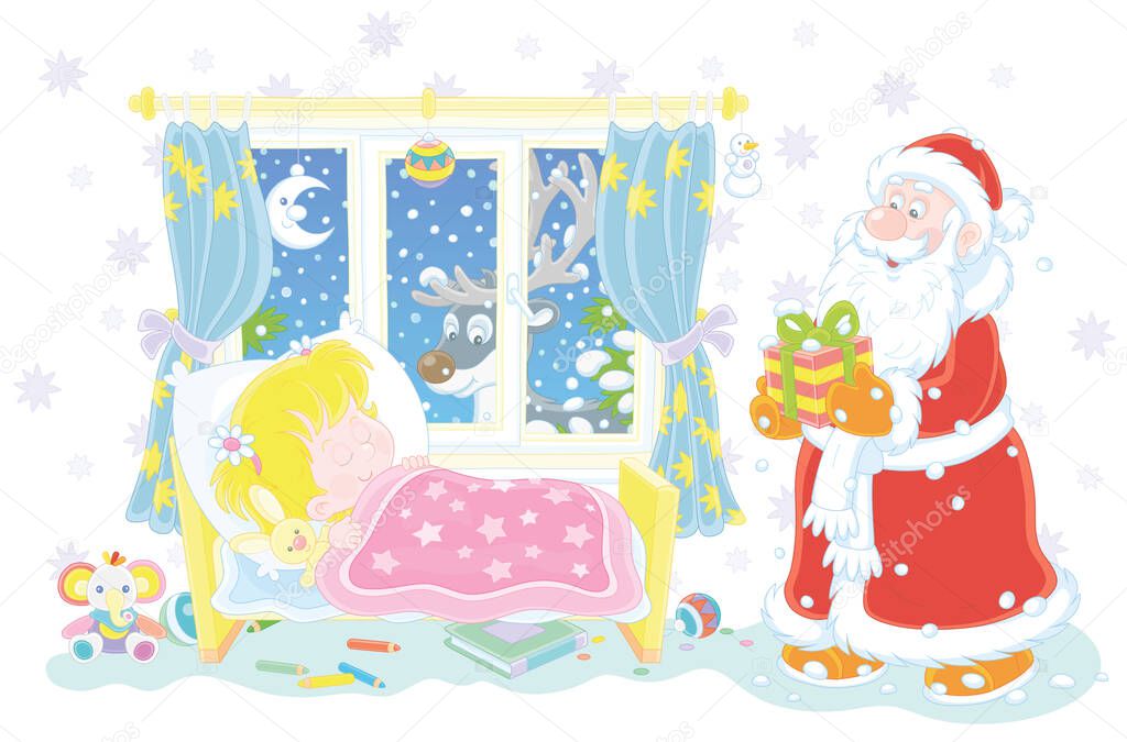 Santa Claus bringing a beautiful gift box to a cute little girl sleeping in a small bed on the snowy night before Christmas, a magic reindeer looking through a window of a decorated nursery room