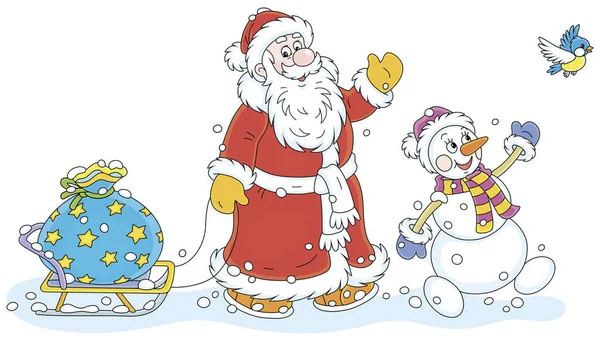 Santa Claus Muñeco Nieve Divertido Llevando Una Gran Bolsa Regalos — Archivo Imágenes Vectoriales