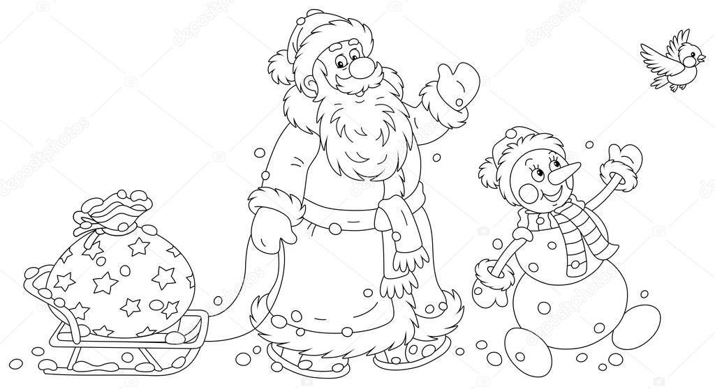 Santa Claus and a funny snowman carrying a big bag of winter holiday gifts on a toy sledge, black and white outline vector cartoon illustration for a coloring book page