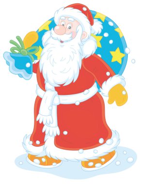 Noel Baba gülümsüyor ve acele ediyor. Küçük çocuklar için kış bayramı hediyeleriyle dolu sihirli çantasıyla. Beyaz arka planda izole edilmiş vektör karikatür çizimi.