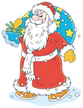Noel Baba gülümsüyor ve acele ediyor. Küçük çocuklar için kış bayramı hediyeleriyle dolu sihirli çantasıyla. Beyaz arka planda izole edilmiş vektör karikatür çizimi.