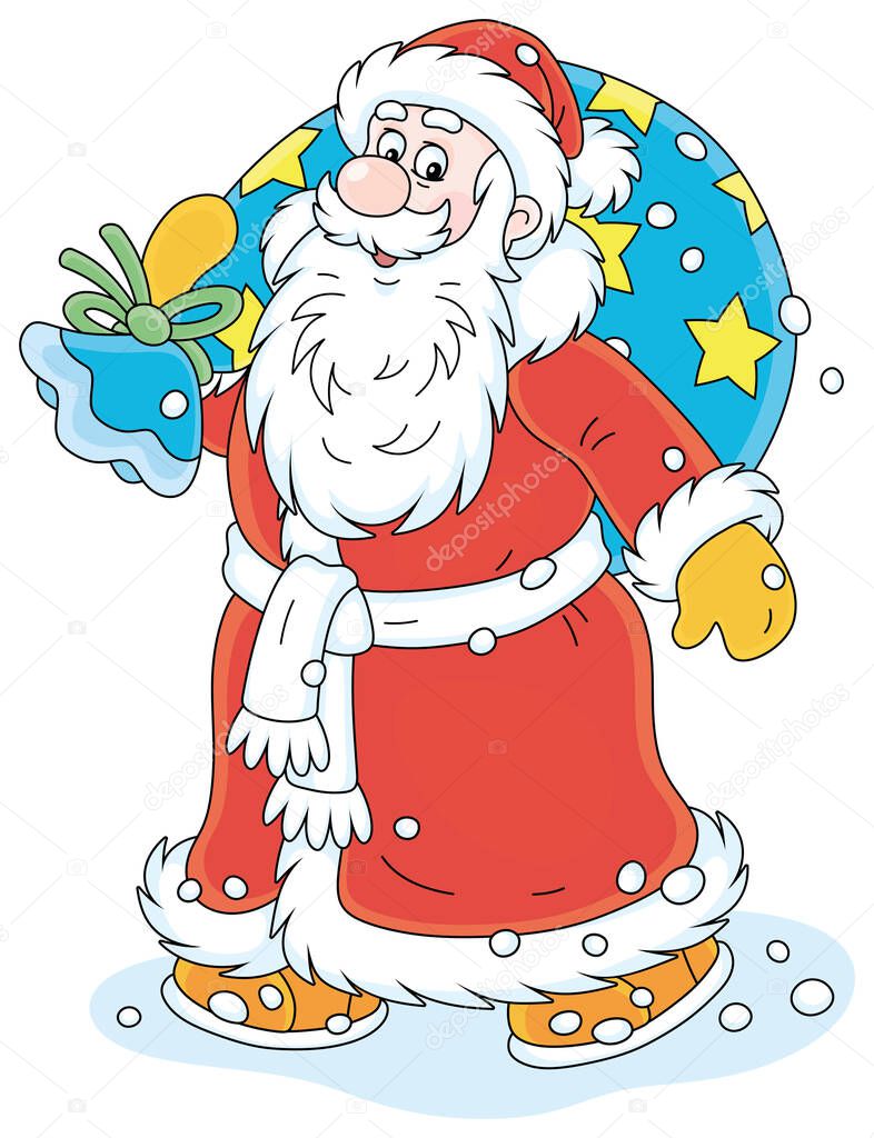 Santa Claus smiling and walking in hurry with his big magic bag of winter holiday gifts for little children, vector cartoon illustration isolated on a white background