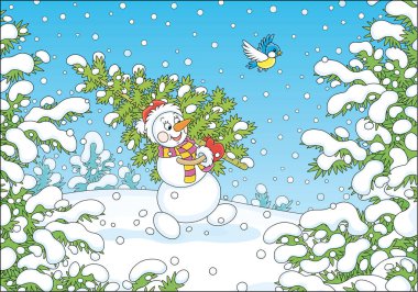 Friendly smiling snowman with a red hat, a warm scarf and mittens carrying a prickly green fir tree from a snowy winter forest to decorate it for Christmas and New Year clipart