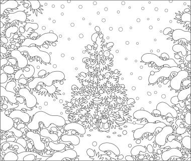 Christmas tree decorated with shining balls, bright garlands and a small toy Santa Claus on a pretty white glade in a snow-covered winter forest, vector cartoon illustration clipart