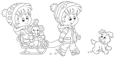 Mutlu küçük çocuk komik bir oyuncak fille mutlu tatlı bir kızla kayıyor ve soğuk ve karlı bir kış gününde neşeli bir köpek yavrusuyla yürüyor, siyah ve beyaz çizgili vektör çizimi.