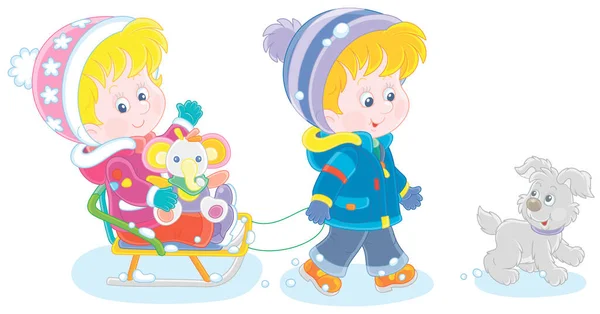 Merry Little Boy Sledding Happy Cute Girl Colorful Toy Elephant — Stock Vector