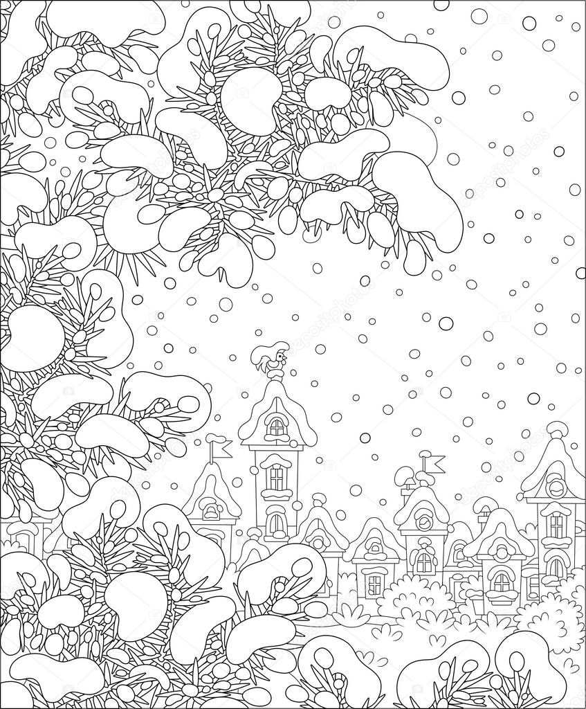 Snow-covered prickly fir branches in a snowy winter park of a small pretty town on a beautiful frosty day, black and white outline vector cartoon illustration for a coloring book page