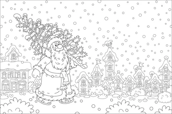 Santa Claus Walking Snowy Street Small Pretty Town Carrying Prickly Vector Graphics