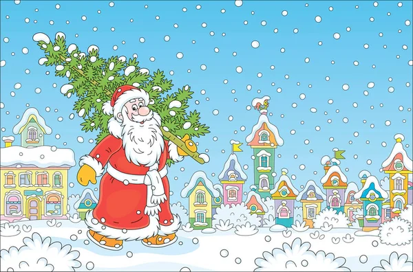 Santa Claus Walking Snowy Street Small Pretty Town Carrying Prickly Royalty Free Stock Vectors