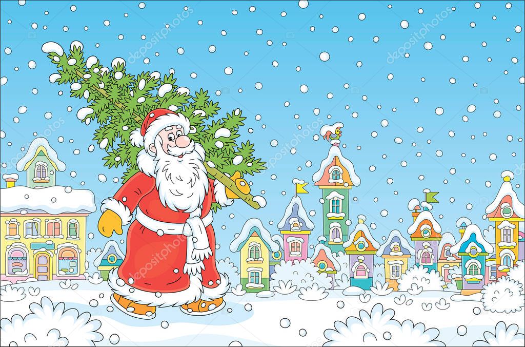 Santa Claus walking down a snowy street of a small pretty town and carrying a prickly fir from a winter forest to decorate it for Christmas and New Year, vector cartoon illustration
