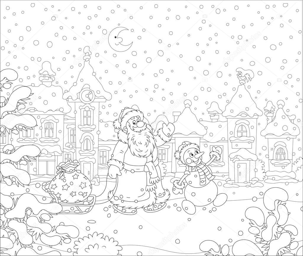 Santa and Snowman carrying a magic bag of winter holiday gifts on a toy sledge down a snowy street with colorful houses of a small pretty town on the night before Christmas