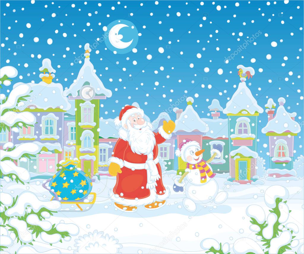 Santa and Snowman carrying a magic bag of winter holiday gifts on a toy sledge down a snowy street with colorful houses of a small pretty town on the night before Christmas