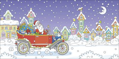 Kış bayramı hediyeleriyle dolu sihirli bir çantayla Noel Baba karlı bir gecede, oldukça küçük bir kasabanın renkli evleriyle karla kaplı bir caddede eski arabasını sürüyor.