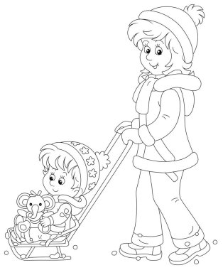 Genç, sevimli bir anne, bir kış günü komik bir oyuncak fille mutlu küçük bir kızı kayıyor, siyah beyaz bir çizgi film çizimi boyama kitabı sayfası için.