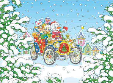 Karlı bir kış gününde küçük çocuklara bayram hediyeleriyle renkli bir retro araba süren komik bir kardan adam. Karla kaplı küçük bir kasabanın güzel bir köknar parkında.